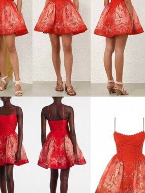 Zimmermann Red Mini Dress Floral Jacquard Fit Flare Size 1 (US 4